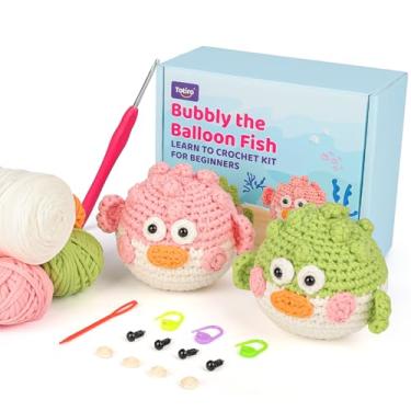 Imagem de Totiro Kit de crochê para iniciantes, peixe balão amigurumi, kit de artesanato fácil DIY com tutoriais em vídeo passo a passo, 2 pacotes de kit de aprendizagem de padrão de crochê para crianças