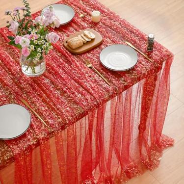 Imagem de Horaldaily Toalha de mesa retangular de gaze dourada vermelha 152 cm x 264 cm, folha metálica com glitter de lantejoulas vermelhas, gaze de tule de chiffon transparente para casamento, chá de bebê