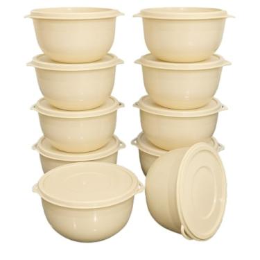 Imagem de Kit 10 Potes Bowl 1300ml Plástico com Tampa – Marmita Cozinha, Freezer, Micro-ondas e Lava-Louças. (10 Bowl Bege)