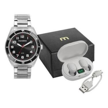Imagem de Relógio Mondaine Masculino Prata Aço Preto + Fone De Ouvido Prateado Preto Preto-Masculino