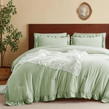 Imagem de MR&HM Conjunto de edredom solteiro para meninas, 5 peças, verde claro com babados, boêmio, casa de fazenda, chique, lençol de cima, lençol de cima, fronhas e fronhas