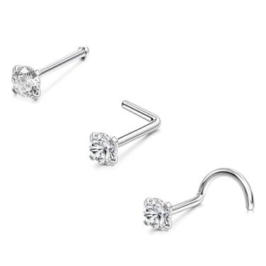 Imagem de Piercing de nariz hipoalergênico 20G, aço cirúrgico 316L, saca-rolhas retas em forma de L com zircônia cúbica de 1,5 a 3 mm para pele sensível, 3mm, Aço inoxidável, metal, Sem Pedra Preciosa