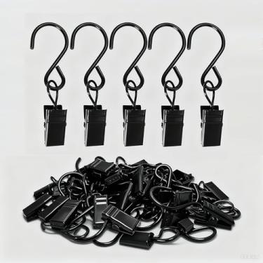 Imagem de Pacote com 25 ganchos em S de aço inoxidável pretos (2,4 polegadas) - Clipes de cortina resistentes para pendurar luzes de festa, exibições de calha, fotos e artesanato