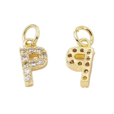 Imagem de Pingentes de zircônia cúbica transparente micro pavê de latão letra P com anel de salto banhado a ouro 18K real alfabeto letra inicial glitter pingentes pendentes para fazer joias DIY