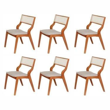 Imagem de Kit 6 Cadeiras Madeira Maciça Estofada e Rattan 100% Natural Luna Espr