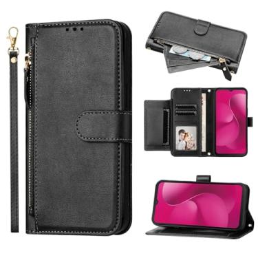 Imagem de YAJOJO Capa carteira T-Mobile Revvl 8 com zíper e porta-cartão, capa protetora de couro PU premium para T-Mobile Revvl 8, com suporte, bolso com zíper, alça de pulso, fecho magnético, preta