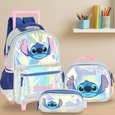 Imagem de Kit Mochila com Rodas + Lancheira + Estojo Triplo Luxo Stitch Holográf