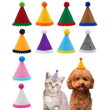 Imagem de PET SHOW Pacote com 10 mini chapéus de festa para cães pequenos, aniversário, animais de pelúcia, bonecas, filhotes, gatos, chapéus de Natal ajustáveis, chapéu de feltro pompom, faixa de cabeça para