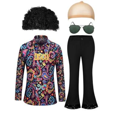 Imagem de Mepase 6 peças de fantasias masculinas de discoteca dos anos 70 incluem camisa retrô, calça de sino, peruca, óculos de sol, colar, touca de peruca para festa discoteca (retrô, GG)