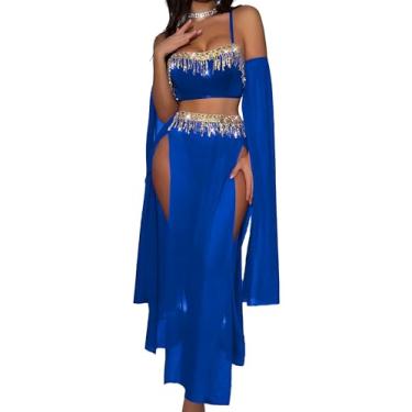 Imagem de Panegy Women Exotic Belly Dancer Costume Set Carnival High Slit Mesh Skirt Adjustable Strap Crop Top Lingerie Outfit Costume Blue M
