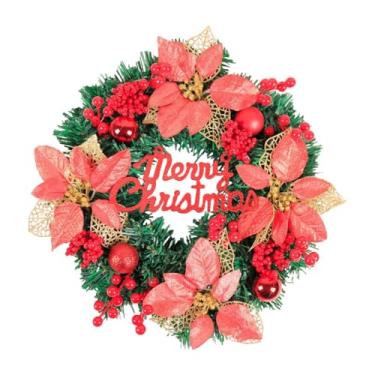 Imagem de MotiveTech Guirlanda de porta de Natal feliz, folhas verdes, flores artificiais de poinsétia, guirlanda para parede, janela, feriado, lareira externa, Vermelho 30cmx8cm