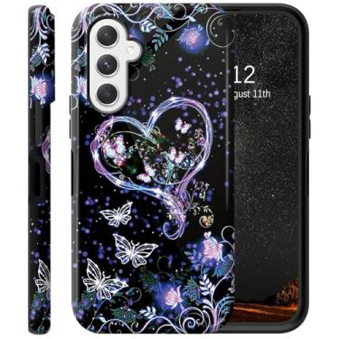 Imagem de RAUEDWDJS Capa para Samsung Galaxy A16 5G, compatível com carregamento sem fio, capa protetora híbrida robusta à prova de choque de camada dupla 6,7 polegadas 2024, flor borboleta roxa