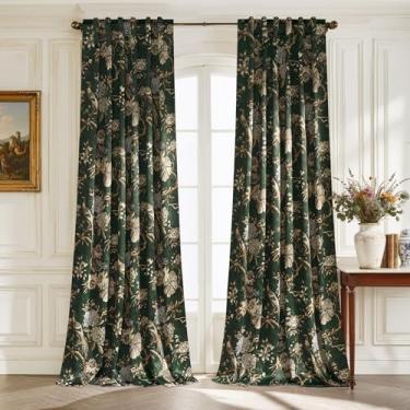 Imagem de StangH Cortinas florais verdes 100% blackout 213 cm de comprimento, estampa vintage de pássaros, cortinas traseiras para sala de estar/quarto/porta deslizante, L 132 x C 213 cm, 2 painéis