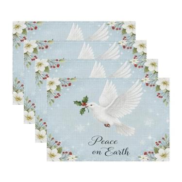 Imagem de Jogo americano de Natal conjunto de 4 para mesa de jantar – tapetes laváveis de 30,5 x 45,7 cm impresso Peace on Earth Pomba branca carregando azevinho com flocos de neve, flores e frutas vermelhas