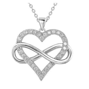 Imagem de Colar de coração infinito banhado a ouro branco 14K para mulheres, pingente de coração de amor com zircônia cúbica e colar infinito