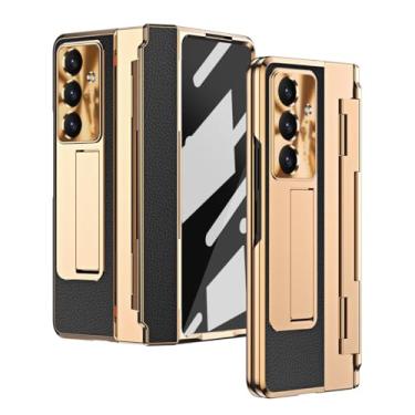 Imagem de Para Samsung Galaxy Z Fold 7 6 5 4 5g com película protetora de tela de vidro, couro de luxo, revestimento em uma peça, dobradiça, capa à prova de choque (para Galaxy Z Fold 6/preto dourado)