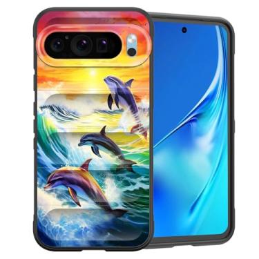 Imagem de CICPLKSE Capa para Google Pixel 10/Pixel 10 Pro de 6,3 polegadas 2025, silicone premium com [forro de microfibra macio antiarranhões], capa protetora à prova de choque, ondas do mar, golfinhos, pôr do