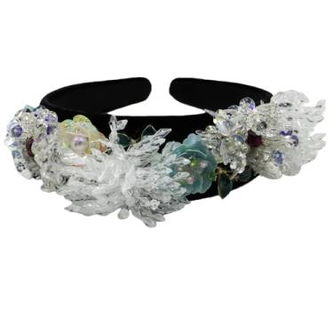 Imagem de XSKL Tiara de cabelo com pérolas de cristal barroco para mulheres, faixa de cabelo enfeitada com flores, faixa de cabelo de veludo preto