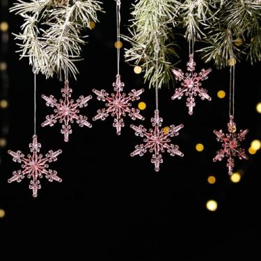 Imagem de 1 conjunto de enfeites de pingente de floco de neve de simulação de Natal acrílico transparente para decoração de festa de Natal para pendurar no gelo falso (6 peças, rosa)