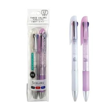 Imagem de CYBER RECORDS Canetas esferográficas retráteis de 3 cores, pacote com 2 – ponta fina de 0,5 mm, tinta preta, vermelha e azul, barris brancos e rosa, canetas de escrita multicoloridas lisas para escola