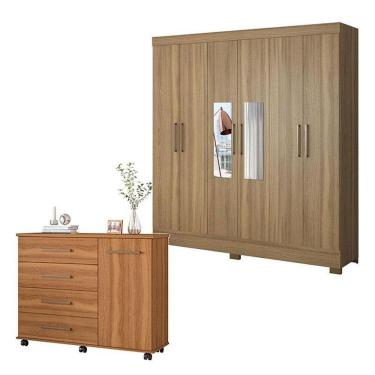 Imagem de Cômoda Flora E Guarda Roupa Casal Prático Amêndola Touch Com Espelho - Demóbile
