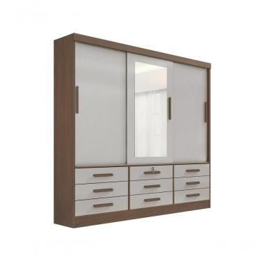 Imagem de Guarda Roupa Casal Meridian Com Espelho 3 Portas 9 Gavetas Com Pés - D' Doro Castanho/off White