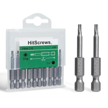 Imagem de HitScrews Pontas Torx T10 de 5 cm, pontas de chave de fenda S2 Steel Star, haste sextavada de 6 mm (1/10.2 cm), pontas de precisão CNC, pacote com 10 em caixa de armazenamento deslizante, compatível