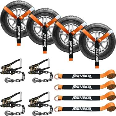 Imagem de Bolvixor Pacote com 4 correias de amarração de carro para reboques - 5 cm x 243 cm - Resistência à ruptura de 4,490 kg - Correias de catraca de pneu com âncoras de corrente resistente para transporte