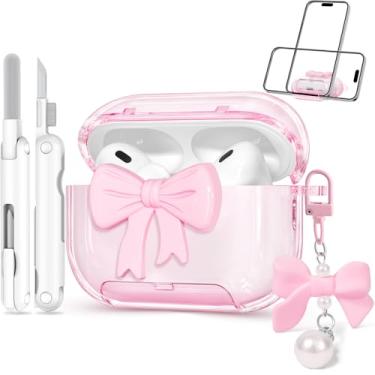 Imagem de Joremx Linda capa para Airpods Pro 2, design feminino com estampa de laço 3D com chaveiro de borboleta fofa, capa para iPod Pro 2ª geração 2022/2023 de TPU macio com kit de limpeza para meninas e