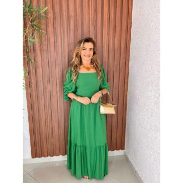 Imagem de Vestido Midi Manga Bufante Lastex Costa Decote Quadrado