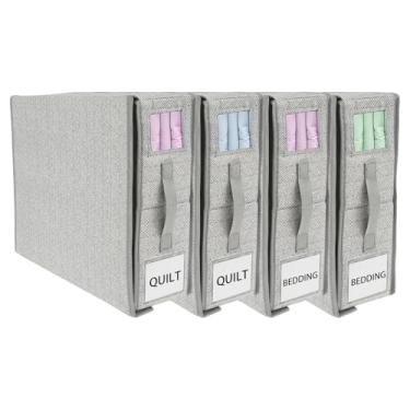 Imagem de TKSDWBLTY Organizador de lençol dobrável de 4 peças, com janela e etiqueta, organizador de lençol portátil com alça para economizar espaço, organizador de roupa de cama para armário e quarto
