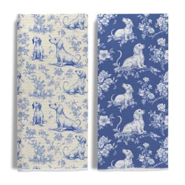 Imagem de Evcprz Chinoiserie Toalhas de cozinha Dachshund, toalha de chá azul e branca Doxie para cozinha, presentes para amantes de cães Weiner, toalhas de mão de salsicha Grandmillennial para banheiro, 40,6 x