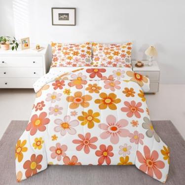 Imagem de Erosebridal Jogo de cama solteiro Groovy Flower | Conjunto de edredom floral vintage, geométrico, hippie, jardim, funky, macio, quente, estilo pastoral, edredom para decoração de quarto, 2 peças com 1