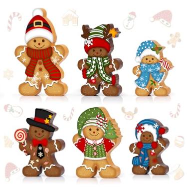 Imagem de 6 peças de decoração de mesa de homem de gengibre de Natal, estatuetas em pé de madeira, casa de fazenda rústica, bandeja em camadas, decorações de mesa de Natal, centros de mesa para casa, cozinha