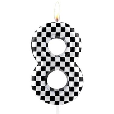 Imagem de Velas de aniversário xadrez pretas e brancas, bandeira quadriculada, número de tema de corrida, decoração de bolo de aniversário, decoração de festa para entusiastas de carros, velas de bolo de 8 anos