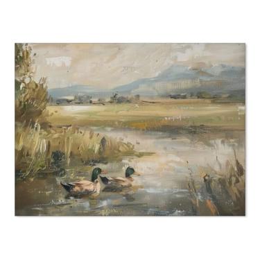 Imagem de Pôster de Pato Mallard Pato Pato Animal Tela Arte de Parede Pintura Vintage Pato Pintura a Óleo Caçador de Pássaros Presente para Cabine Rústica Quarto Quarto Quarto Decoração de Parede 30 x 40 cm Sem