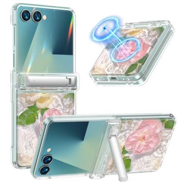 Imagem de KJSK Capa para Samsung Galaxy Z Flip 7, suporte integrado com proteção fosca Magsafe Slim à prova de choque, antiamarelamento, proteção de dobradiça embutida, rosa flor