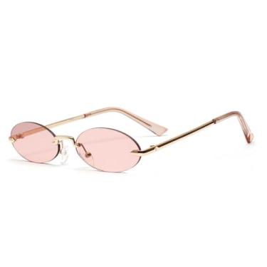 Imagem de Óculos de Sol Retrô Pequenos Ovais Sem Armação Feminino Unissex com Lentes Transparentes Rosa (Marrom-Dourado)