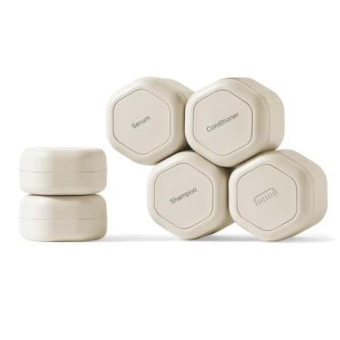 Imagem de Cadence Recipientes de viagem – Conjunto de 6 peças para cuidados com o cabelo – Cápsulas magnéticas de viagem – 2 cápsulas pequenas e 4 médias – xampu, condicionador, condicionador sem enxágue, pente