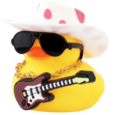 Imagem de Wonuu Ornamento de carro de pato de borracha - acessórios legais de pato de guitarra para decoração de painel com chapéu de caubói, colar e óculos de sol - bolinhas brancas e rosa