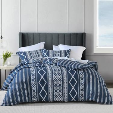 Imagem de MYOTA Capa de edredom Queen - 100% algodão boêmio boêmio capa de edredom tamanho Queen, conjunto de 3 peças de capa de edredom com textura respirável ultramacia para todas as estações (azul marinho