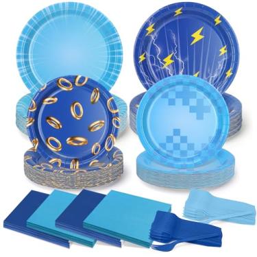 Imagem de Pratos e guardanapos de papel de festa de desenho animado | 200 peças | 50 pratos de sobremesa de 18 cm | 50 pratos descartáveis de 23 cm | 50 guardanapos | 50 garfos para chá de bebê ouriço videogame