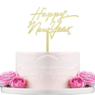 Imagem de Happy New Year Cake Topper, Mirror Gold Acrylic, Festive Script with Star Accents