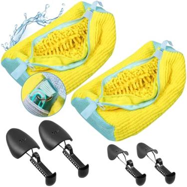 Imagem de 2 sacos para máquina de lavar sapatos com 4 árvores ajustáveis para sapatos, sacos de lavanderia XXL para lavadora e secadora, zíper resistente com design de gancho, bolsa reutilizável de limpeza de