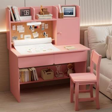 Imagem de RUPOLX Conjunto de mesa e cadeira de estudo infantil rosa de madeira com luz, dispensador de rolo de papel e 2 gavetas, mesa infantil com 3 cabanas e prateleiras abertas, mesa de estudo para quarto de