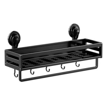 Imagem de CIBOTIES Suporte de sucção para chuveiro, prateleira de chuveiro de 39,9 cm com ganchos sem perfuração, organizador de banheiro à prova de ferrugem, preto