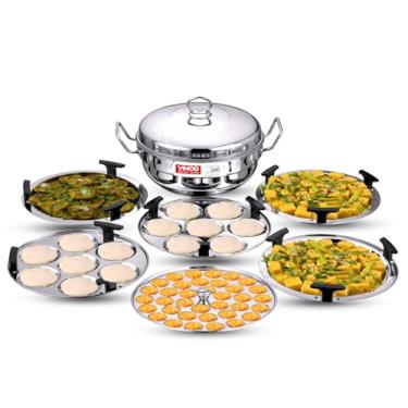 Imagem de Vinod Multi Kadai Deluxe de aço inoxidável com 6 placas - 26 cm, 2 Idli, 2 Dhokla, 1 Patra e 1 Mini Idli Plate | Vaporizador Dhokla e Momos, Maker, Adequado para indução