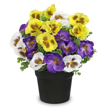 Imagem de Briful Flores artificiais de amor-perfeito em vaso preto, flores falsas resistentes a UV para decoração de interiores e exteriores, mesa de primavera, verão, varanda, pátio
