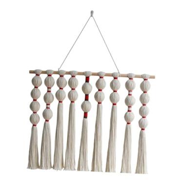 Imagem de Ioensy Tapeçaria de macramê para decoração de parede, decoração de tapeçaria feita à mão, enfeite de borla redonda boêmia para estante, Rosa Vermelha Branca