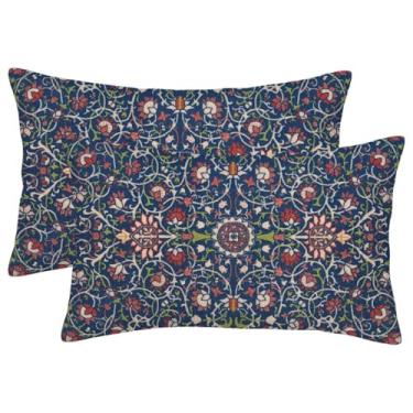 Imagem de Wsunsal Capas de almofada vintage azul marinho floral 30,5 x 50,8 cm, conjunto de 2 fronhas decorativas com estampa de tapete étnico boêmio, capa lombar quadrada de linho vermelho para casa, sofá